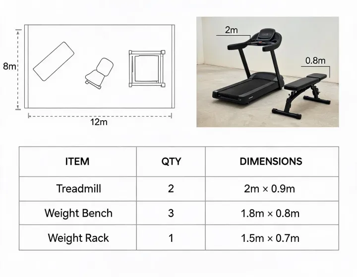 Home gym equipment configuration plan